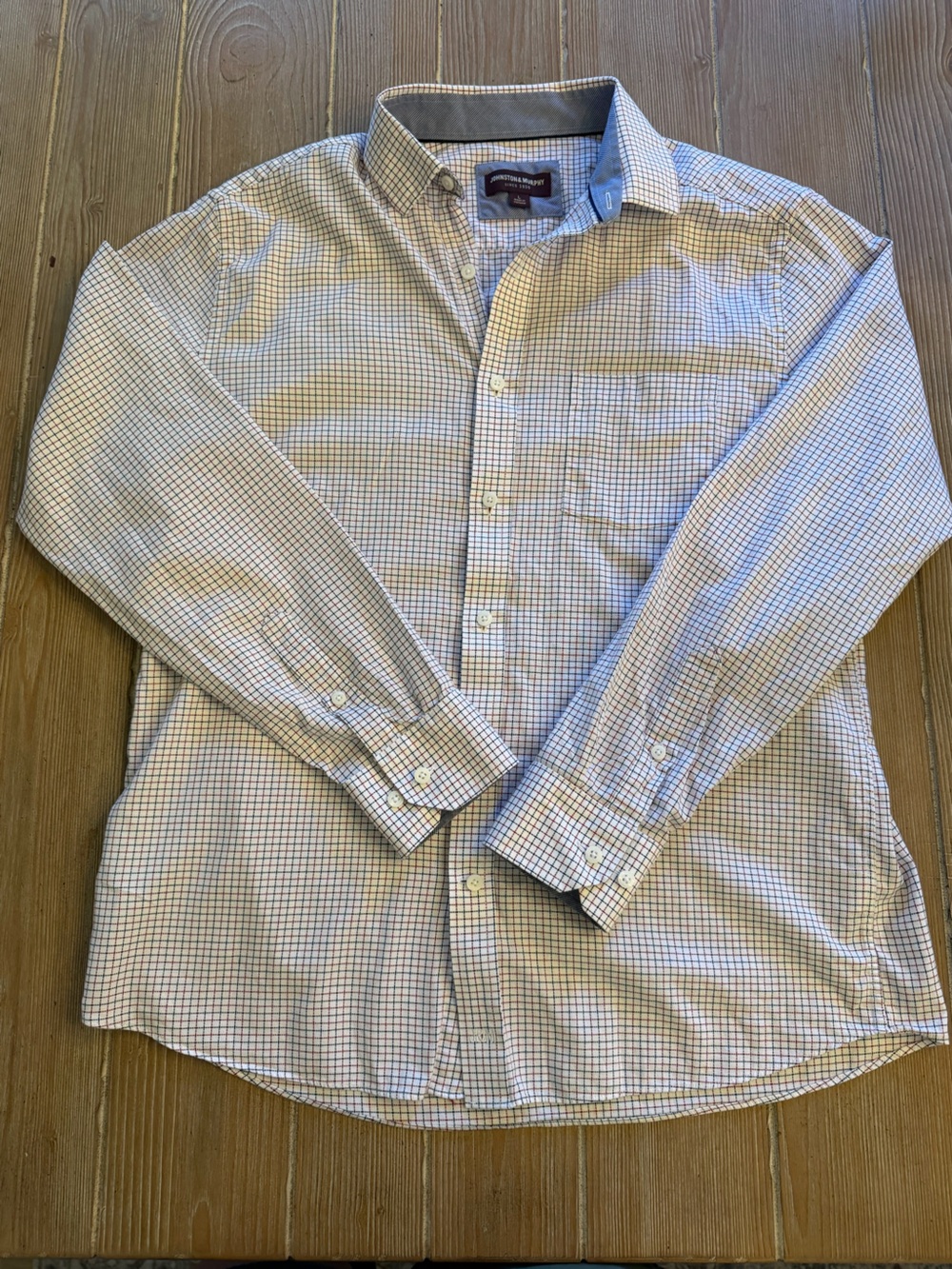 Johnston & Murphy White Button-Down Shirt with Blue and Red Check